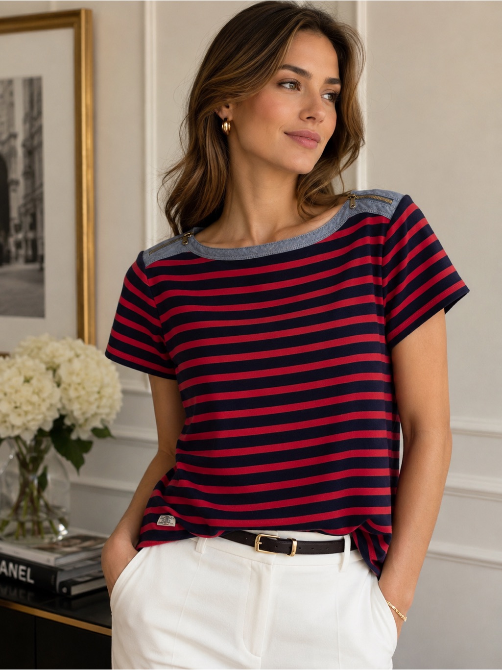 Lauren Ralph Lauren M/L Navy And Red Striped Short Sleeve Tee